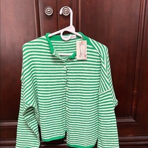 Slight rolled collar  Green and White Striped Cardigan